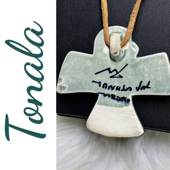 Vintage Signed Tonala Mexico Ceramic Thunderbird Pendant Necklace Folk Art - Picture 6 of 8